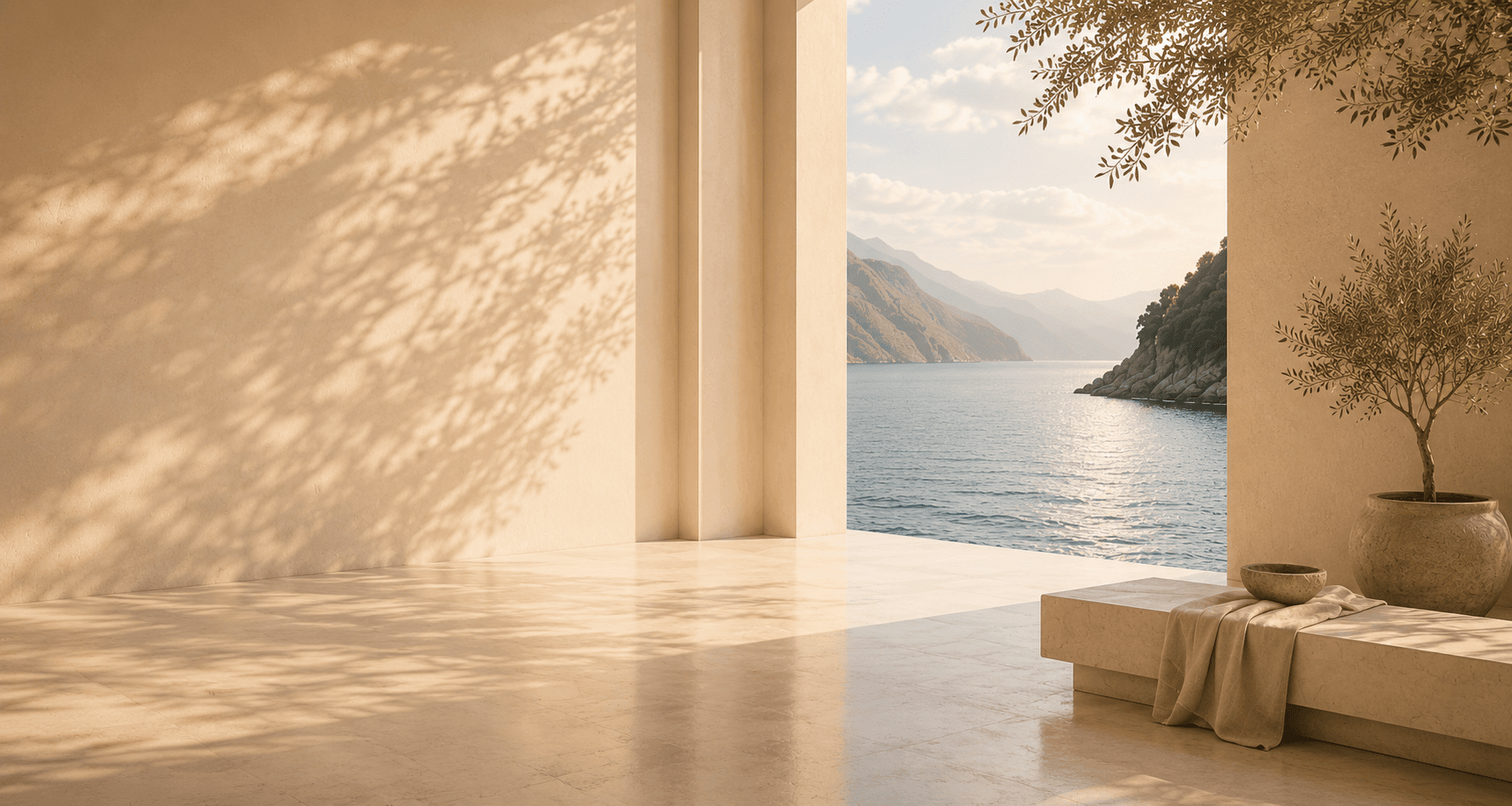 Sunlit architectural wellness space overlooking the water