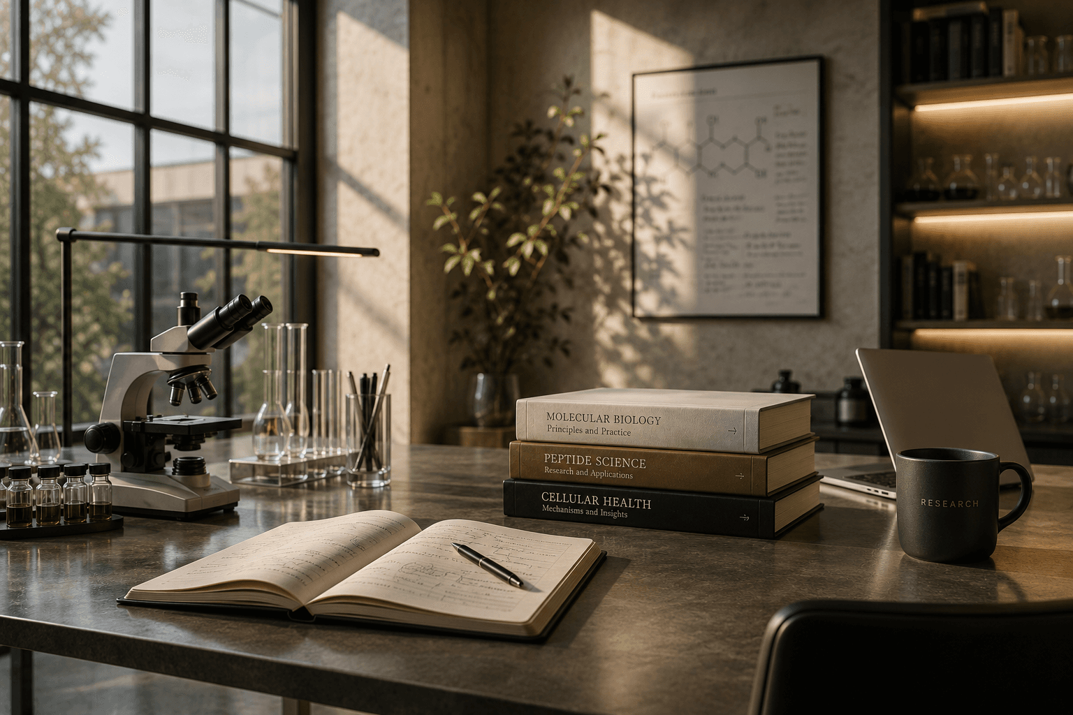 Research journals and laboratory tools arranged in a premium scientific workspace