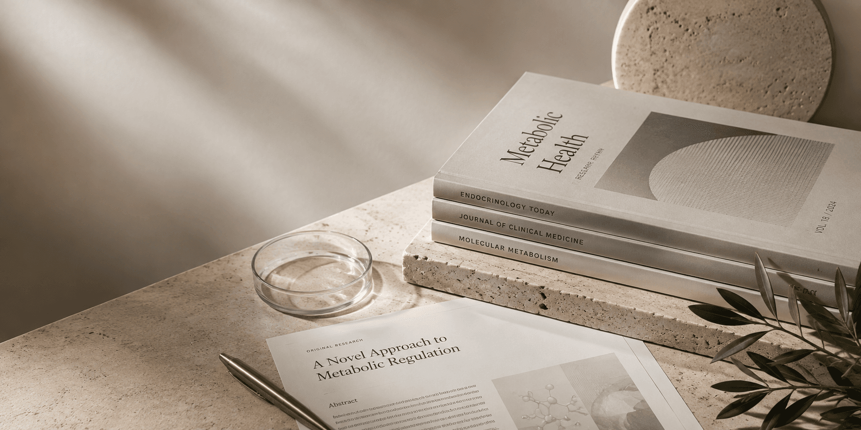 Featured Retatrutide research scene with branded vial, scientific materials, and warm stone