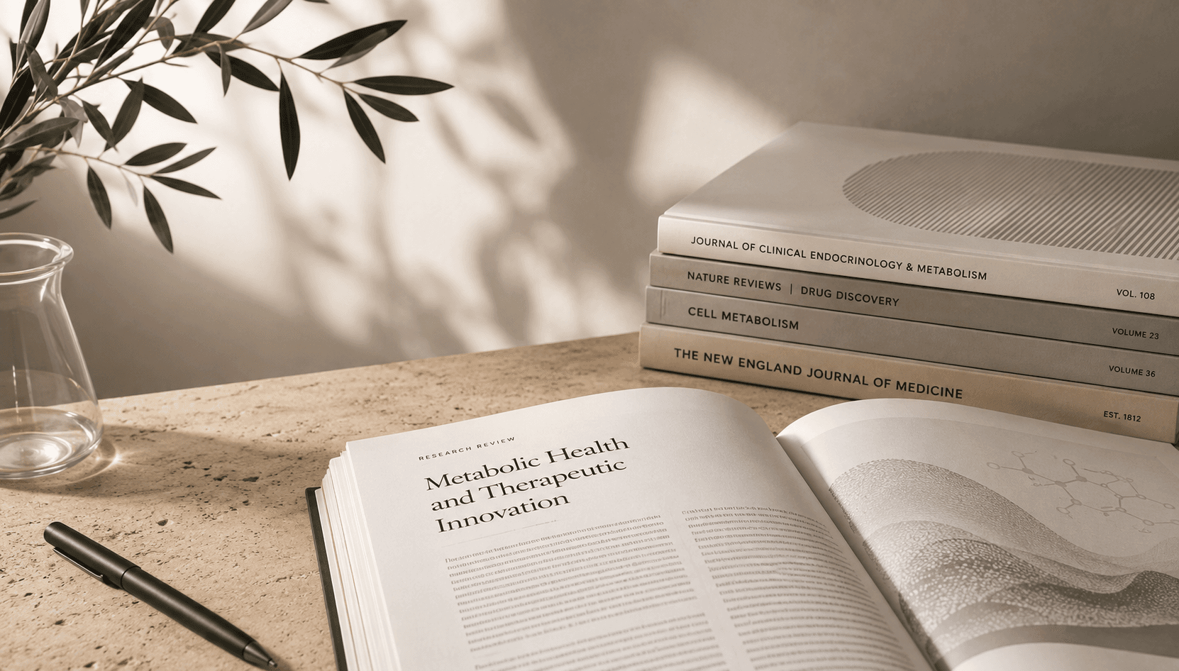 SET Wellness research workspace with journals, laboratory glassware, and a branded vial
